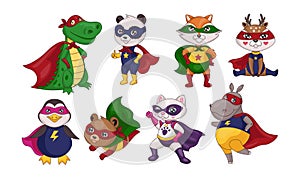 Superhero animals. Comic heroic characters. Cat boy in colorful costume. Super baby mouse and bear. Flying and playing