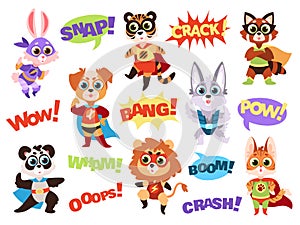 Superhero animals. Funny kids zoo heroes with capes and masks, comic whoops speech bubbles, lion and wolf, dog and tiger