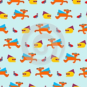 Superhero animals pattern seamless. Super cat and dog and dove in Cloak and mask. Superpowers pet and pigeon. Cartoon style photo