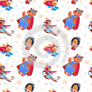Superhero animals seamless pattern. Cartoon endless vector background