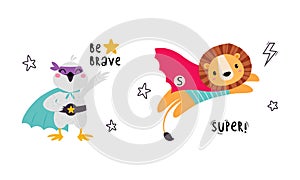 Superhero baby animals in capes and masks set. Cute little bird and lion dressed as superheroes cartoon vector