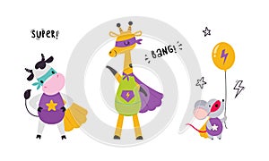 Superhero baby animals in capes and masks set. Cute little cow, giraffe, mouse dressed as superheroes cartoon vector