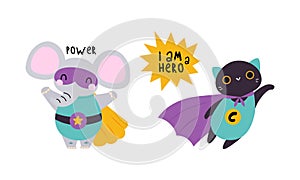 Superhero baby animals in capes and masks set. Cute little elephant and cat dressed as superheroes cartoon vector