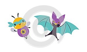 Superhero baby animals in capes and masks set. Cute little honey bee and bat dressed as superheroes cartoon vector