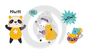 Superhero baby animals in capes and masks set. Cute little panda bear, sheep and bird dressed as superheroes cartoon