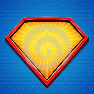 Superhero background. Superhero logo template. Red, yellow frame with divergent rays on blue backdrop. Vector illustration.