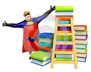 Superhero with Book stack and ladder