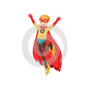 Superhero boy character dressed as a super hero flying with rocket shoes cartoon vector Illustration