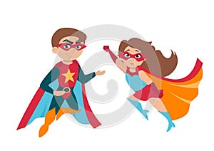 Superhero boy and girl in cute costumes and masks