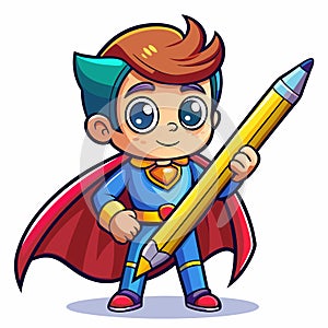 Superhero boy holding a giant penci