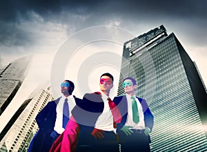 Superhero Business People Strength Cityscape Cloudscape Concept