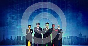 Superhero Business People Strength Cityscape Stock Exchange Conc