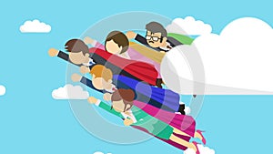 Superhero business team flying in suit and cape. Business leadership and communication concept. Loop animation in flat style.