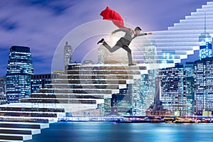 The superhero businessman climbing career ladder