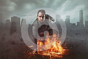 Superhero businessman concept with fire and city background