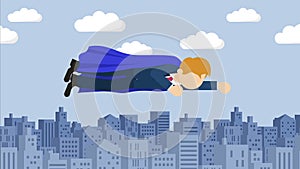 Superhero businessman flying in suit and cape. Business leadership and success concept. Loop animation in flat style.