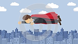 Superhero businessman flying in suit and cape. Business leadership and success concept. Loop animation in flat style.