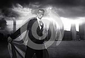 Superhero Businessman Strength Cityscape Cloudscape Concept