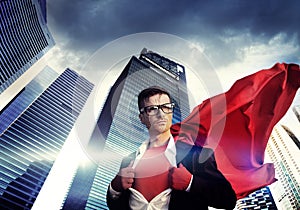 Superhero Businessman Strength Cityscape Cloudscape Concept