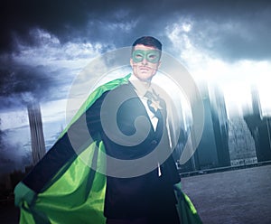 Superhero Businessman Strength Cityscape Cloudscape Concept