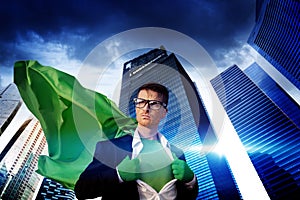 Superhero Businessman Strength Cityscape Cloudscape Concept