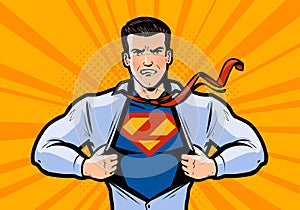 Superhero or businessman tears his shirt. Vector illustration in style comic pop art