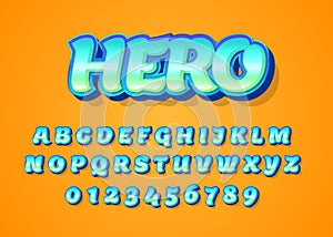 Superhero cartoon style font design. Custom alphabet letters and numbers for game title or movie poster