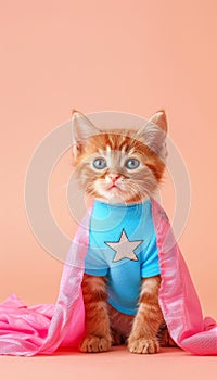 Superhero cat in costume flying and gazing away in amusing pose on pastel background