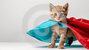 Superhero cat in costume gazing into distance on pastel background with copy space