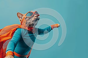 Superhero cat in costume looking away on pastel background with copy space for text placement