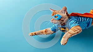 Superhero cat in costume, playful feline flying in pastel setting with copy space