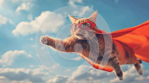 Superhero cat flying with a cape and goggles against a blue sky with clouds