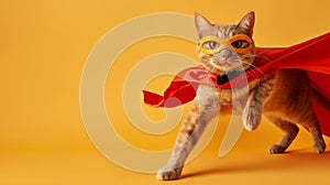 Superhero cat with a red cape and yellow mask on an orange background, embodying courage and whimsy