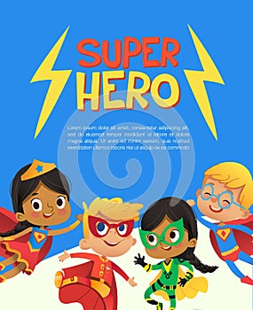 Superhero Children Friend Costume Banner Template. Happy Boy Character and Girl wear Hero Clothes for Kindergarten Party