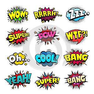 Superhero comic book bubbles set, cool blast and crash sound effect