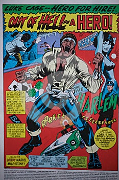 Superhero comic book featuring the black character called Luke Cage, produced by Marvel Comics, and recently made into a TV series