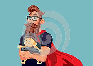 Superhero Dad Holding Baby in Carrier Vector Illustration