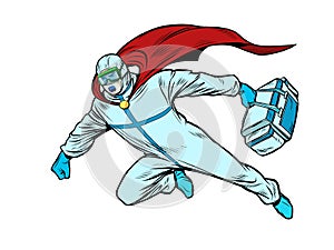 Superhero doctor man flies to the rescue with a medicine cabinet in protective suit, epidemic