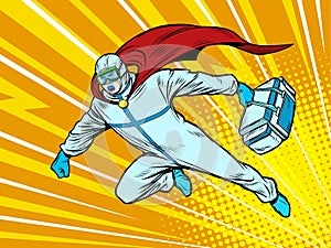 Superhero doctor man flies to the rescue with a medicine cabinet in protective suit, epidemic