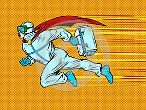 Superhero doctor man flies to the rescue with a medicine cabinet in protective suit, epidemic