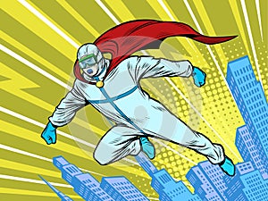 Superhero doctor man protects the city in protective suit, epidemic