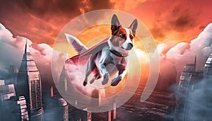 Superhero Dog flying over a city