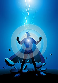 Superhero electrically charged by thunder strike