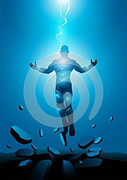 Superhero electrically charged by thunder strike