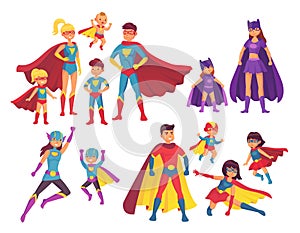 Superhero family characters. Superheroes character in costumes with hero cape. Wonder mom, super dad and children heroes