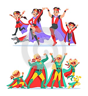 Superhero family. Parents, children and pet in colorful costumes. Cheerful defenders set. People posing in masks and