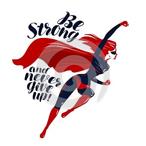 Superhero in flight. Typographic design, lettering vector illustration