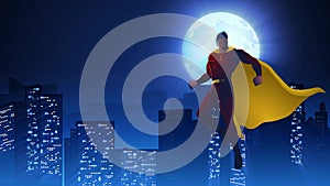 Superhero flying on beautiful cityscape during full moon