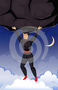Superhero flying with rock. Super comic cartoon hero in cape holding huge stone. Brave powerful man in sky. Strong man