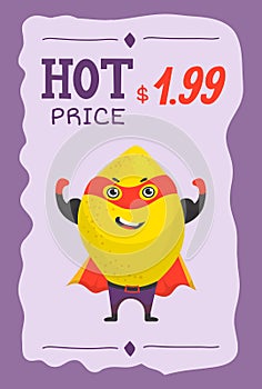 Superhero fruit lemon in mask and cloack vector cartoon price illustration. Cute fruit character in super hero costume